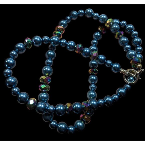 Handmade Mermaidcore Metallic Blue Faux Pearl And AB Glass Beaded Necklace - Picture 2 of 6